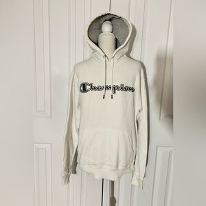 CHAMPION Men's White Hoodie Sweater, Embroidered Logo, Size Medium